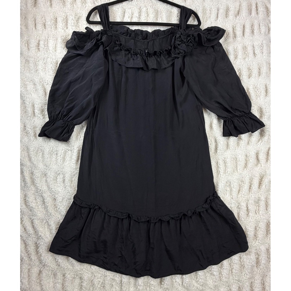 Nanette Lepore Black 100% Silk Spotlight Dress Cold Shoulder Ruffle Rosette S
